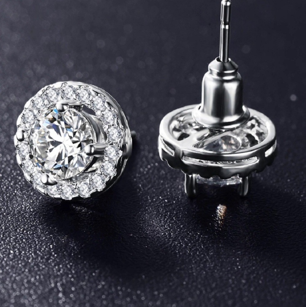 Rose Gold CZ Round Halo Earrings - Picture 3 of 6